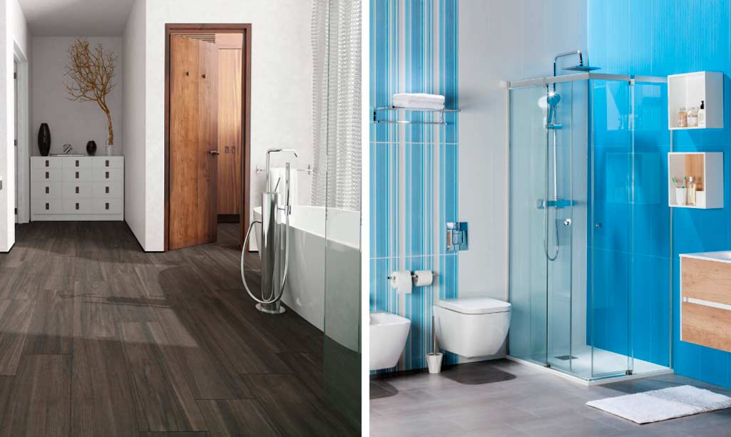Revestimiento baño donde aparecen dos cuartos de baño completos. Uno con suelo imitación madera y el otro con azulejos en tonos azules.