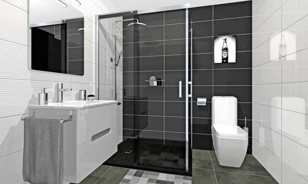 Revestimiento baño donde aparece un render de un cuarto de baño completo con pared del fondo en color negro.
