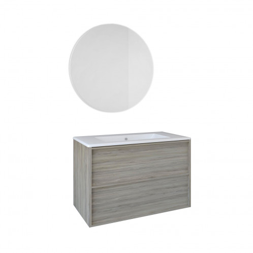 Conjunto mueble de baño suspendido Baho FRAME 80 cm pino gris con lavabo y espejo