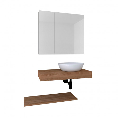 Conjunto doble encimera de baño Baho CHENE 80 cm con lavabo redondo y espejo camerino
